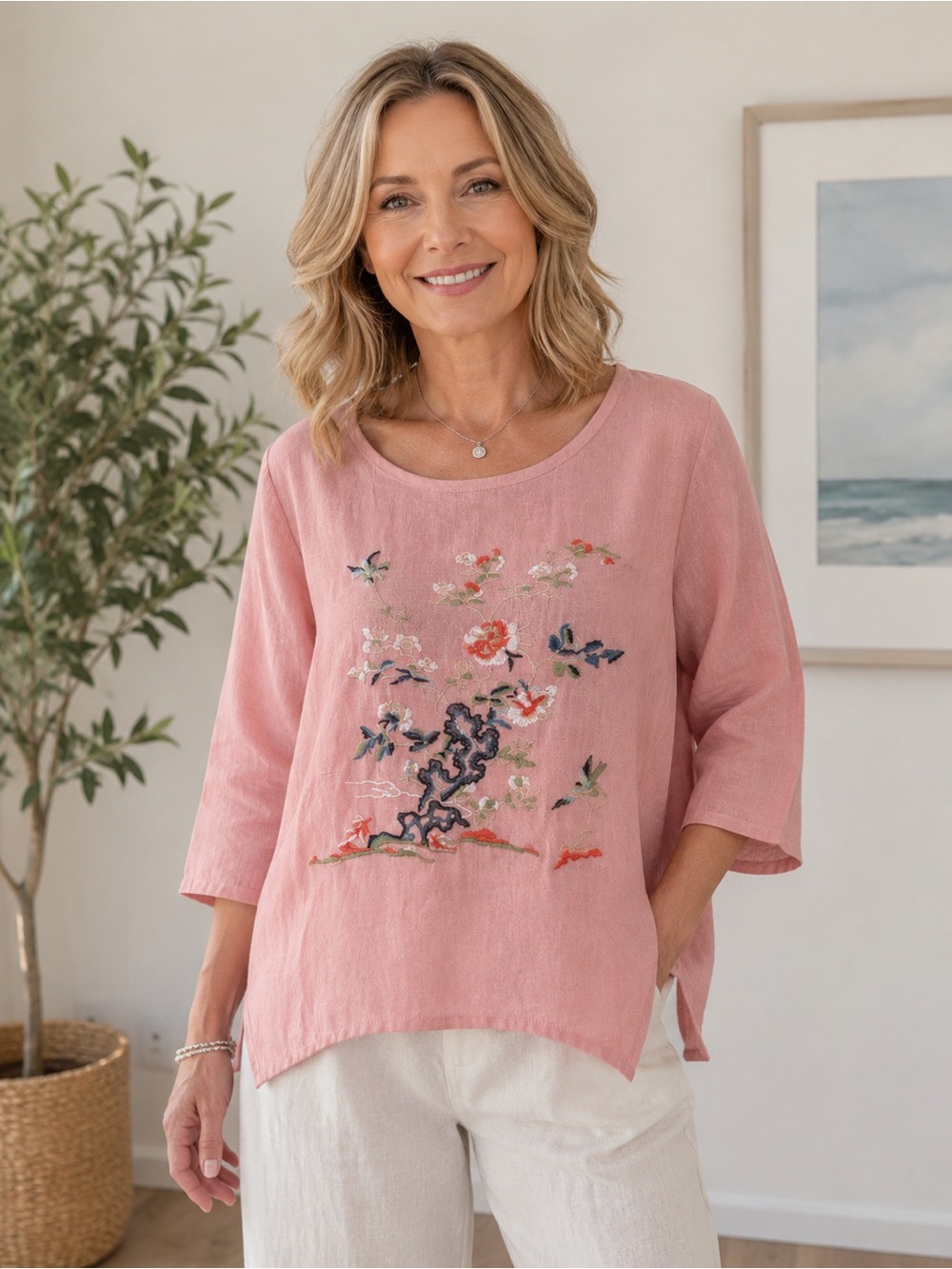 Embroidered Pink Floral Women’s Top
